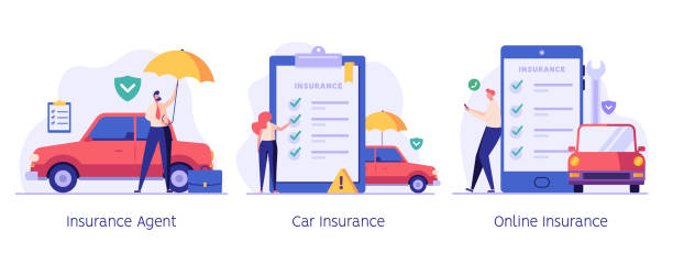 Car insurance vector illustration set. People protecting car with insurance and signing form with red auto. Concept of car insurance service, car accident, insurance agent for web design, ui Car insurance vector illustration set. People protecting car with insurance and signing form with red auto. Concept of car insurance service, car accident, insurance agent for web design, ui safety equipment stock illustrations