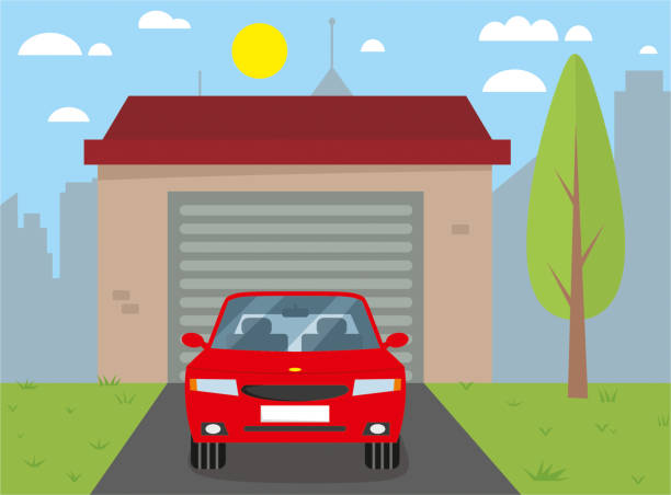 ilustrações de stock, clip art, desenhos animados e ícones de car is front of the garage - garagem abrindo