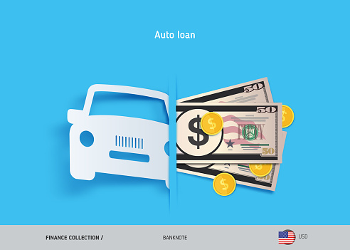 Car loan concept. 50 US Dollar banknotes and gold coins . Flat style vector illustration.