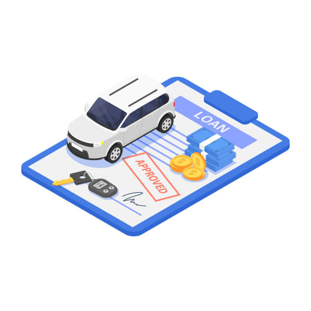Car loan or vehicle rental concept. Car loan or vehicle rental concept. Vector isometric isolated illustration on a white background. car loan stock illustrations