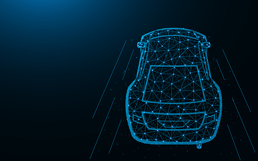 Car low poly design, transport abstract geometric image, fast driving wireframe mesh polygonal vector illustration made from points and lines on dark blue background