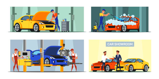 Car maintenance service flat illustrations set Car maintenance service flat illustrations set. Car wash and repair auto workshop. Vehicle manufacturing and production. Auto dealership industry. Customer buying new automobile in showroom mechanic clipart stock illustrations