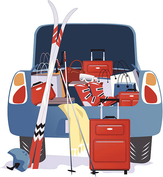 auto voller für einen skiausflug - auto packen für den urlaub winter stock-grafiken, -clipart, -cartoons und -symbole