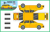 Car paper cut toy. Create 3d vehicle model yourself with scissors and glue. Children educational game worksheet with sedan taxi auto for cutting, preschool puzzle cartoon vector flat illustration