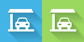 Car Parked Garage Icon with Long Shadowon Blue Green Background with Long Shadow. There are two background color variations included in this file. The icon is rendered in white color and the background is blue or green. There is also a 45 degree long shadow.