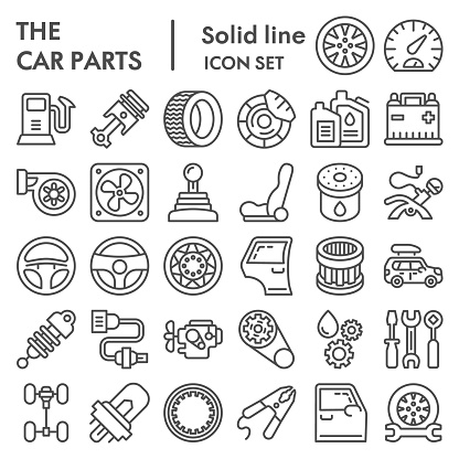 Car parts line icon set, auto details symbols collection, vector sketches, logo illustrations, automotive repair signs linear pictograms package isolated on white background, eps 10