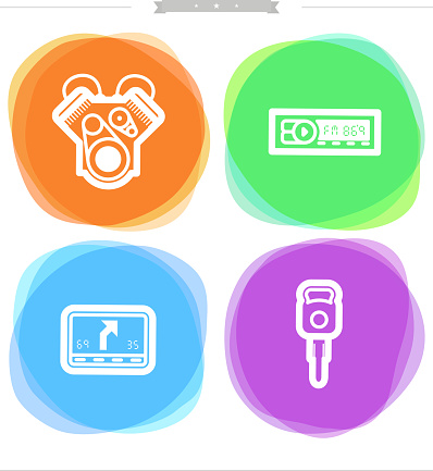 Car parts and accessories, from left to right - .Engine, Car radio, Car navigation, Car key..Colored Dots Style Vector Icons Set saved as EPS v. 10 (contains transparent objects) vector