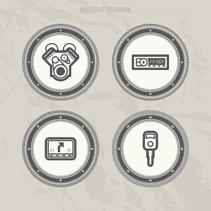 Car parts and accessories, from left to right - .Engine, Car radio, Car navigation, Car key..MonoBrown icons set saved as an EPS v.10 vector