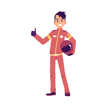 Car pilot or race driver rising thumb up, flat vector illustration isolated.