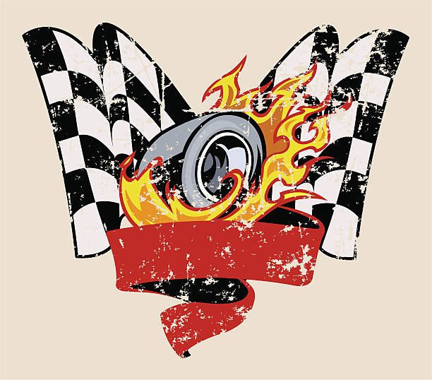 bildbanksillustrationer, clip art samt tecknat material och ikoner med car race graphic with flaming tire & checkered flag - indy 500