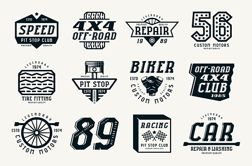 Car races and service badges. Graphic design for t-shirt. Black print on white background