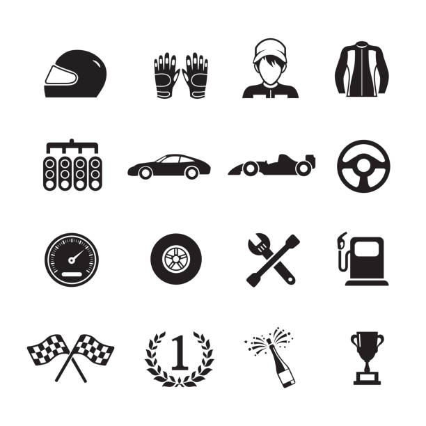 Car racing icons Car racing icons,Set of 16 editable filled, Simple clearly defined shapes in one color. racecar stock illustrations