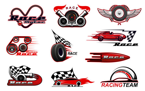 Car racing, motorsport vector icons Car motor race and motorsport icons. Vector racing symbols, badges with checkered flag, winged wheel, sport vehicles, speedometer and tyre, turbine and wreath, wings. Racing sport, speed icons racecar stock illustrations