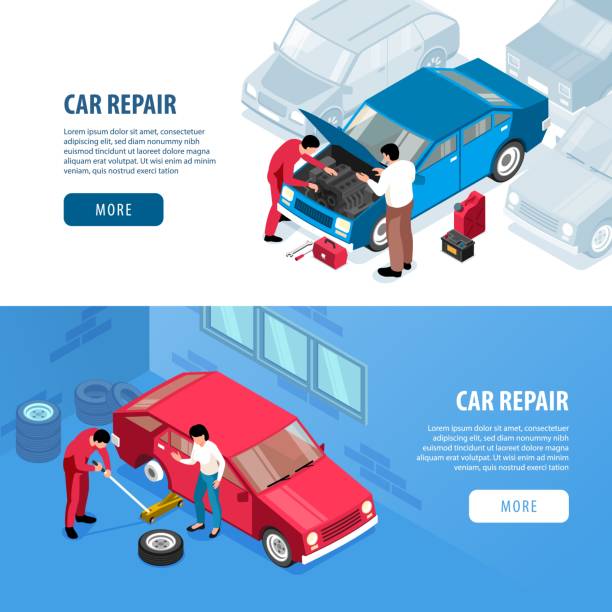 Car Repair Horizontal Banners Isometric auto repair horizontal banners set with editable text more button car parts and working people vector illustration garage backgrounds stock illustrations
