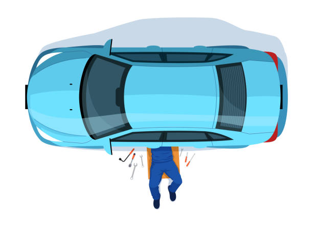 Car repair semi flat RGB color vector illustration Car repair semi flat RGB color vector illustration. Technician lie under auto. Man with tools fix vehicle engine. Garage service. Mechanic isolated cartoon character top view on white background mechanic clipart stock illustrations