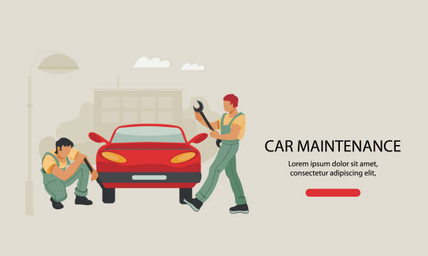 Car repair service and maintenance website with repairman vector illustration. Car repair service center website template with repairman performing car maintenance, flat vector illustration. Interface of landing page or site page for a car workshop. garage backgrounds stock illustrations