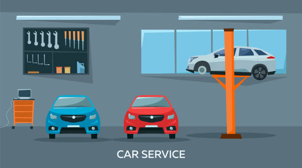 Car repair shop interior with cars and tools, professional service concept. Flat style. Vector illustration Car repair shop interior with cars and tools, professional service concept. Flat style. Vector illustration. garage backgrounds stock illustrations