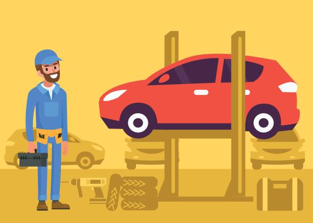 car repair Happy repairman standing in garage.  Car service auto mechanic. Flat style vector illustration. mechanic backgrounds stock illustrations