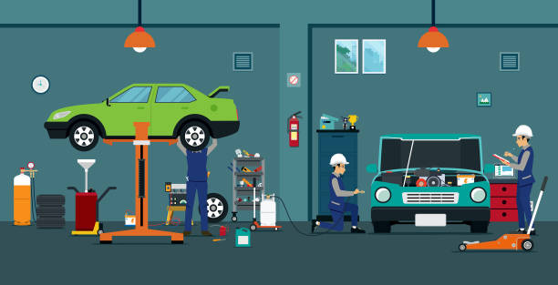 Car repair Employees are checking and repairing cars in the garage. garage stock illustrations