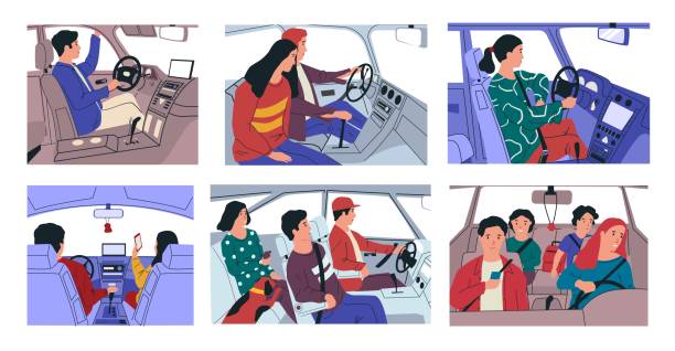 ilustrações de stock, clip art, desenhos animados e ícones de car ride. characters driving vehicle with family and pets. people travel by automobile, move around city. transport interior with steering wheel and dashboard. vector scenes in auto set - family car