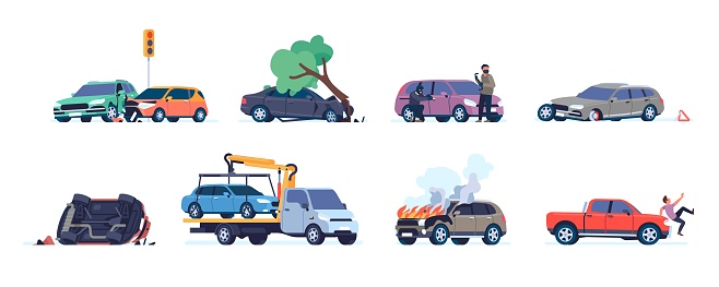 Car road accident. Different situations with wrecked vehicles. Evacuator picks up car. Automobile crashes and knocking pedestrian. Thieves steal auto. Vector transport disasters set