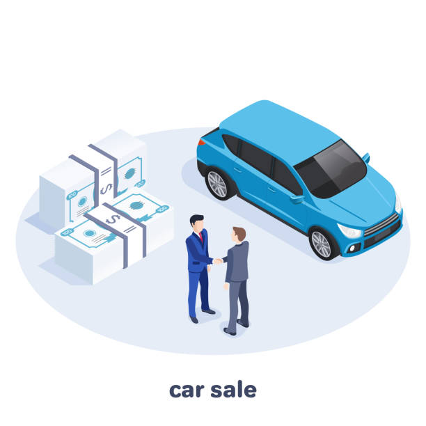 car sale Isometric vector image on a white background, men in business suits shaking hands next to a car and money, auto show and shop used car sale stock illustrations