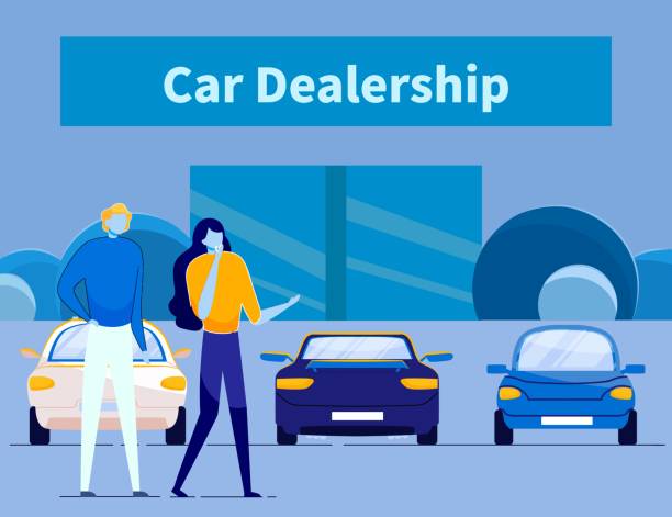 sprzedawca samochodów i klient w salonie dealerskim. - car dealership stock illustrations