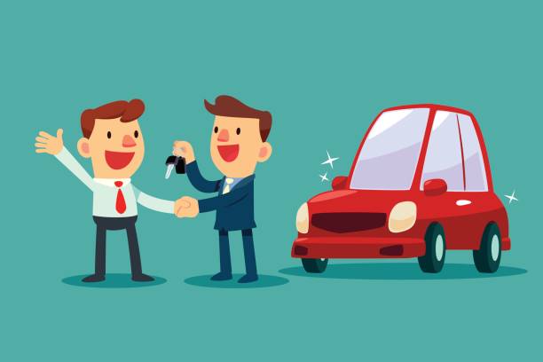 stockillustraties, clipart, cartoons en iconen met autoverkoper geven een handdruk en nieuwe auto sleutel zakenman - man with car