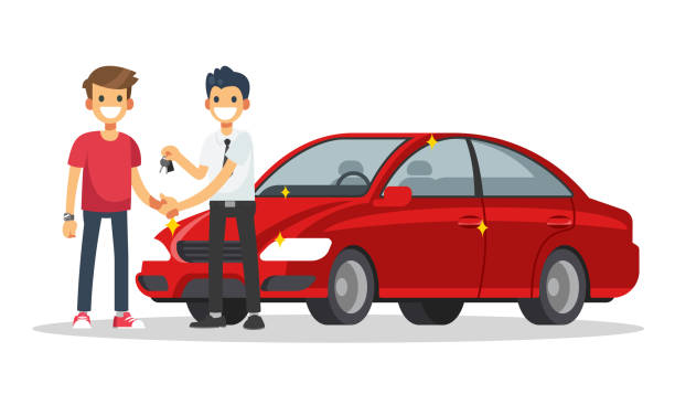 Car salesman give a new car key and handshake to customer. Car salesman give a new car key and handshake to customer. Vector illustration in a flat style. used car sale stock illustrations