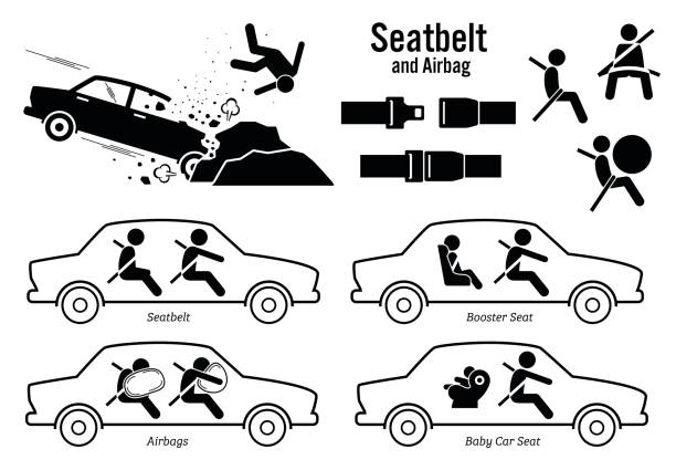 Car Seat Belt and Airbag. Artworks depict car crash accident, buckle seatbelt, airbags, booster seat for child, and baby car seat. seat belt stock illustrations