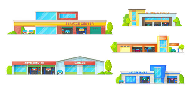 Car service, auto repair and garage building icons Car service building vector icons with auto repair shop, mechanic garage or workshop, car wash station and spare parts store. Automobile vehicle centers with doors, wheel tyres and lifting platforms garage stock illustrations