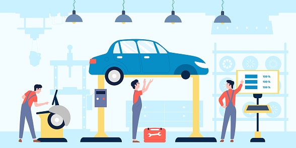 Car service. Automotive mechanic workshop, tuning auto in garage. Mechanics working, vehicle maintenance and repair and tire change recent vector scene