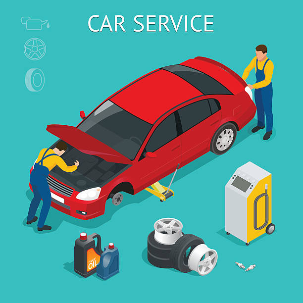 Car service center Car service center. Car service work process isometric with workers repairing and testing the car and different tools around vector illustration garage clipart stock illustrations