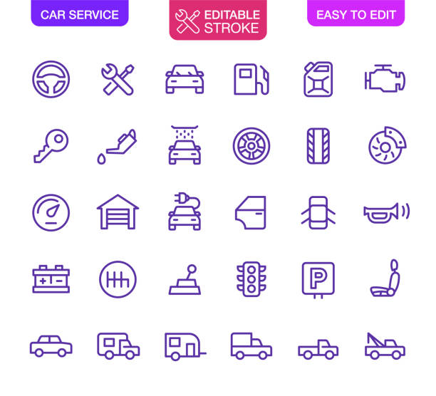 ilustraciones, imágenes clip art, dibujos animados e iconos de stock de iconos de servicio de coche establecer trazo editable - coche