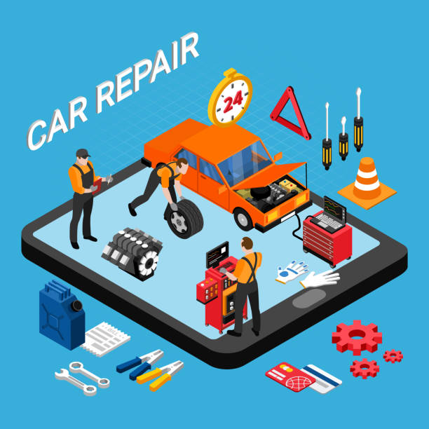 Car repair isometric concept with spare parts and tools symbols...