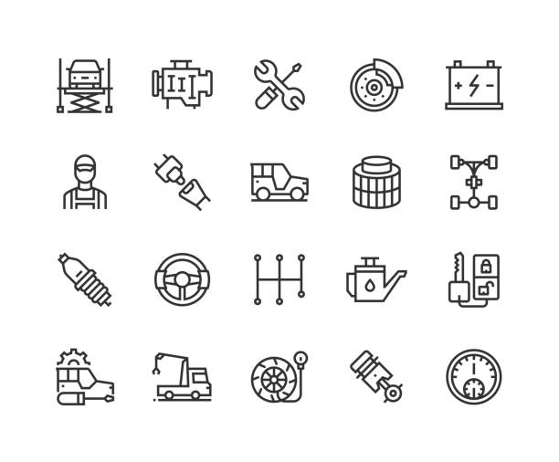 Car Service, Piston, Car Lifter, Car Engine, Maintenance, Disc Brake, Battery Icons Car Service, Piston, Car Lifter, Car Engine, Maintenance, Disc Brake, Battery, Inflate Tire, Mechanic, Car, Oil Filter, Car Chassis, Body Repair, Spark Plug, Steering Wheel, Gearbox, Oil, Tow Truck Icons garage clipart stock illustrations