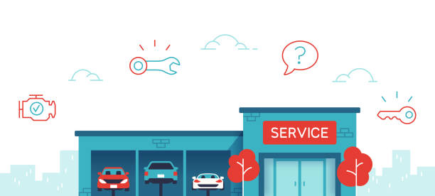 Car Service Repair Shop Dealership Car dealership with mechanic vehicle repair and service facility building. garage stock illustrations