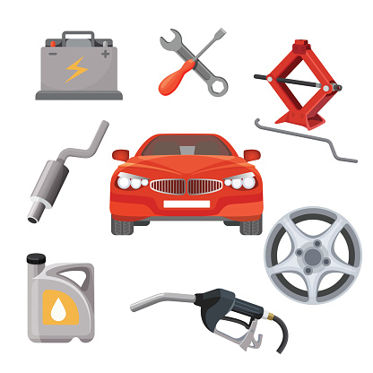 Car service set. Red automobile and working equipment around. Vector