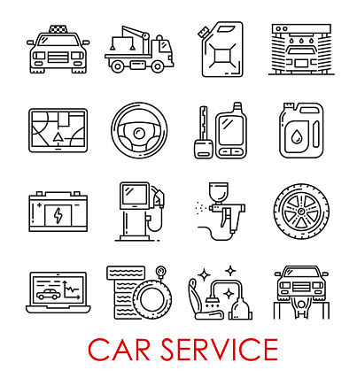 Car Service Tools And Transport Thin Line Icons Stock Illustration