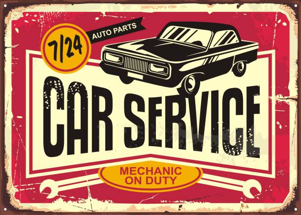 Car service vintage tin sign Antique plaque with retro car on red damaged background. Vector illustration. speed borders stock illustrations