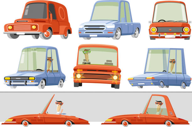 stockillustraties, clipart, cartoons en iconen met auto set - front view old jeep