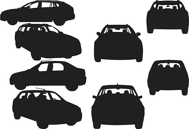 Car shapes Two car shapes: profile, front, back and side view. car silhouettes stock illustrations