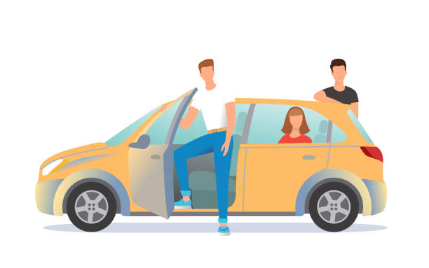 Car sharing illustration. Young people are ready to move off. Car sharing illustration. A driver is getting into the car. A guy standing outside. A girl sitting inside. Young people are ready to move off. Vector illustration. door clipart stock illustrations
