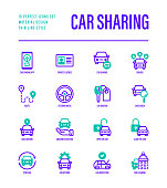 Car sharing set. Mobile app on smartphone, driver license, route, key, car inspection, route, open and close car, sync thin line icons. Vector illustration.