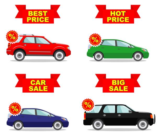 Car showroom. Big sale. Hot price. Set of discount icons for cars. Colored business class automobile isolated on white background in flat style. Shopping design. Vector illustration. Car showroom. Big sale. Hot price. Best price. Set of discount icons for cars. Colored business class automobile isolated on white background in flat style. Shopping design. Vector illustration. used car sale stock illustrations