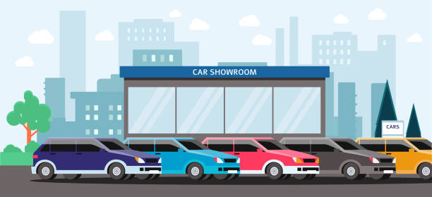 자동차 쇼룸 - 자동차 대리점 외부에 주차 된 다채로운 차량 - car dealership stock illustrations