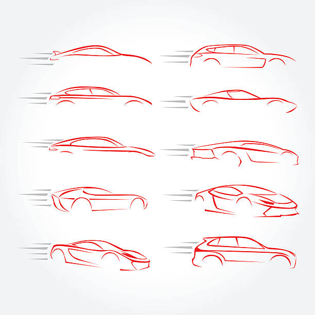 Car  Silhouettes - car emblems, service and repair, vector set. Car, Vector, Silhouette, Store, Striped, white, red, color garage silhouettes stock illustrations