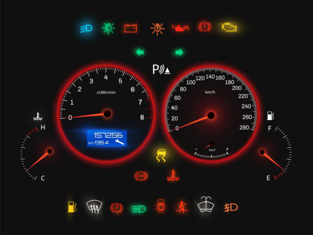 auto tacho, modernen auto panel realistische sicht - armaturenbrett stock-grafiken, -clipart, -cartoons und -symbole