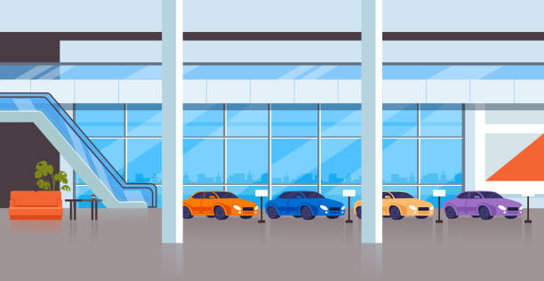 내부에는 자동차 판매점 샵 쇼케이스 룸 인테리어. 도시 교통 개념입니다. 벡터 평면 그래픽 디자인 일러스트 - car dealership stock illustrations