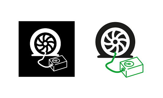 Car tire inflator pump icon. Exploding tire icon. Silhouette and linear original logo.
